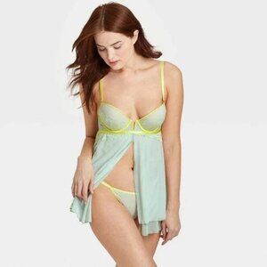 Auden Chemise Green Yellow Babydoll Lace Pajama Nightgown P6529